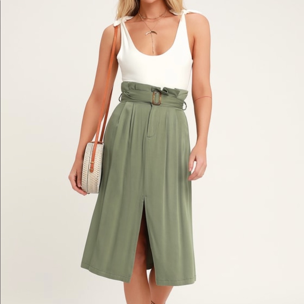 Olive Green Paper Bag Waist Midi-Skirt💚